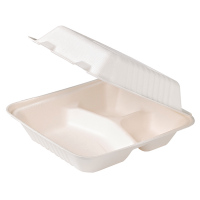 Sugarcane fibre clamshell meal box with 3 compartments