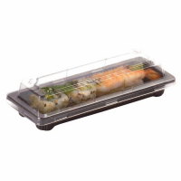 Barquette sushi plastique PS noir avec couvercle PET transparent  178x71mm