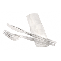 "Lux" transparent PS plastic cutlery kit 3/1: knife fork napkin, transparent wrap 180x65mm