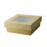 Boite "Kray" carrée carton brun avec couvercle à fenêtre  135x135mm H50mm 700ml